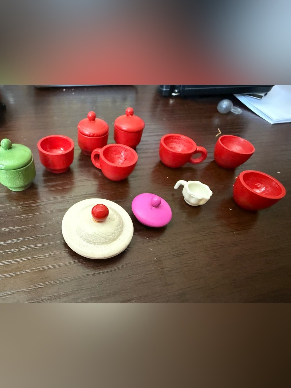 Vintage wooden Dollhouse miniature kitchen Lot: Cups, lip canisters, bowl